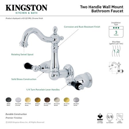 Kingston Brass KS1225PKL Duchess 2-Handle Wall Mount Bathroom Faucet, Oil Rubbed Brnz KS1225PKL